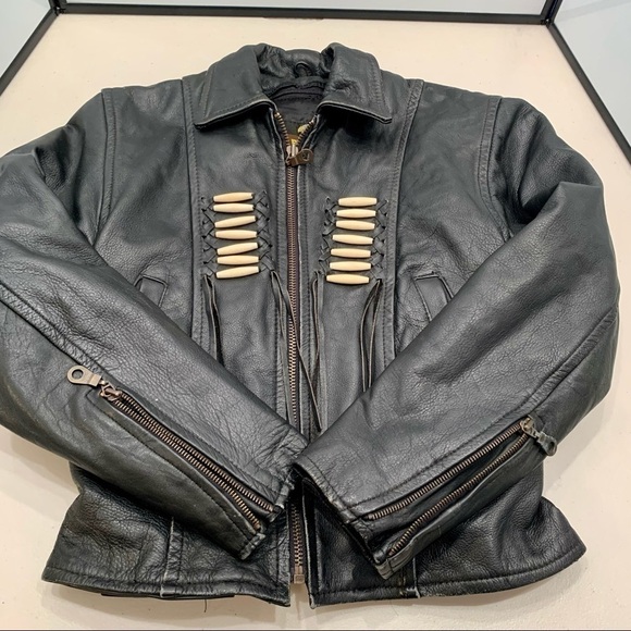 Force Leather Jacket Adult Size 6 Motorcycle Beaded Fringe Leather Vintage Women - Picture 5 of 10
